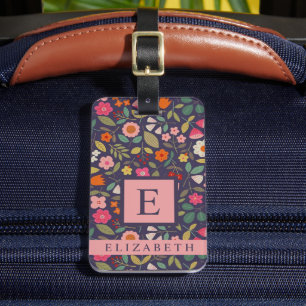 Étiquette À Bagage Fleurs multicolores bleu foncé customisées