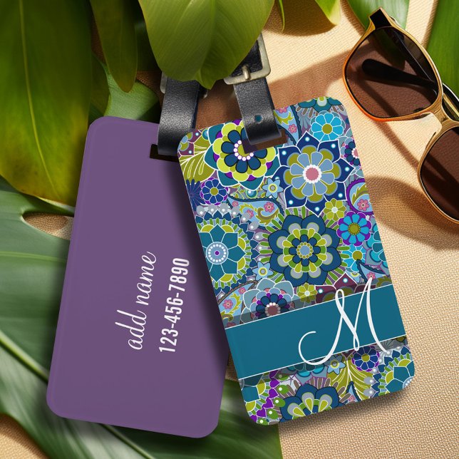 Étiquette À Bagage Fleurs rétro colorées avec Monogramme (Personalized luggage tag with retro flower pattern and monogram - add contact information on back)