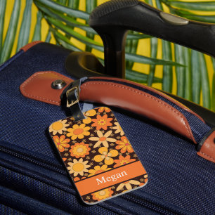 Étiquette À Bagage Fleurs Rétro Groovy Jaune et Orange Personnalisé