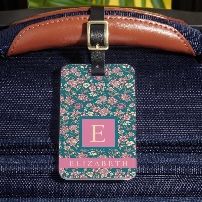 Étiquette À Bagage Fleurs rose Florale Turquoises bleues customisées (Insitu Rectoal 2)