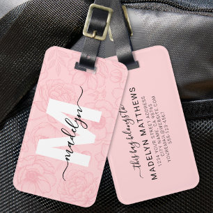 Étiquette À Bagage Fleurs Rose Rougissant Monogramme Nom