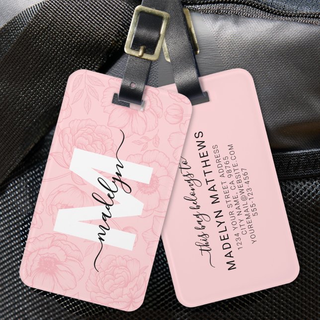 Étiquette À Bagage Fleurs Rose Rougissant Monogramme Nom (Blush Pink Girly Flowers Monogram Name Luggage Tag)