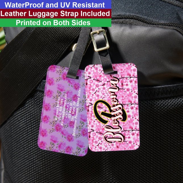 Étiquette À Bagage Fleurs roses cool (Nom & Initiale) Monogramme fémi (Custom Initial Luggage Tag
)