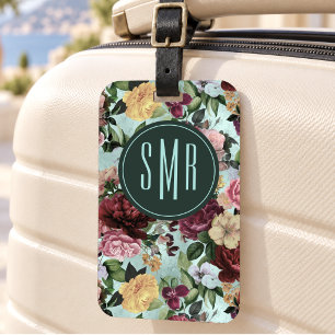 Étiquette À Bagage Fleurs roses élégantes motif aqua monogramme