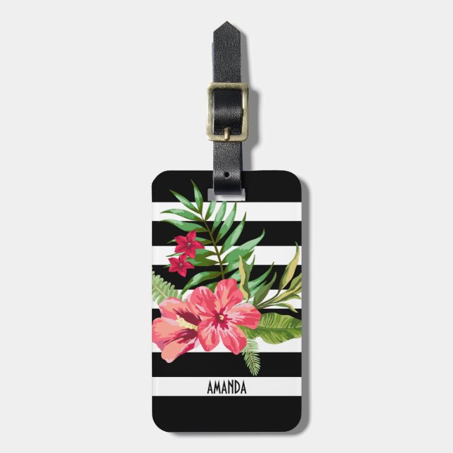 Étiquette À Bagage Fleurs Roses Et Blancs Noirs (Devant Vertical)