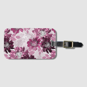 Étiquette À Bagage Fleurs roses et bordeaux sur rose poussiéreux