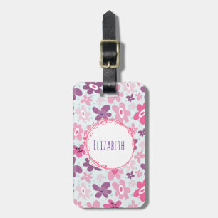 Étiquette À Bagage Fleurs roses et Coeurs Bleus mignons Whimsical