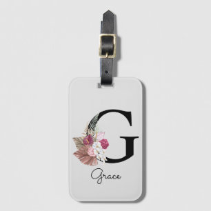Étiquette À Bagage Fleurs roses initiales G monogrammées