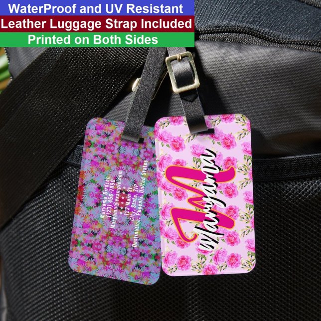 Étiquette À Bagage Fleurs roses (joli nom et initiale) Monogramme fém (Floral Luggage Tag
)