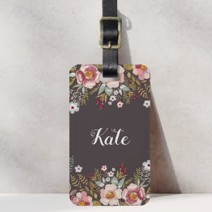 Étiquette À Bagage Fleurs roses luxuriantes Brun taupe Nom personnali