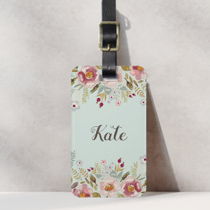 Étiquette À Bagage Fleurs roses luxuriantes sur fond vert avec nom pe