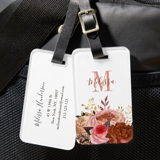 Étiquette À Bagage Fleurs roses monogrammées  (Monogrammed Pink Floral Luggage Tag)