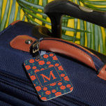 Étiquette À Bagage Fleurs rouges Motif Monogramme bleu foncé<br><div class="desc">Motif floral rouge et bleu mignon sur étiquette personnalisée.</div>