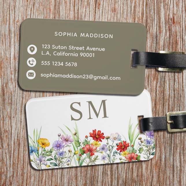 Étiquette À Bagage Fleurs sauvages aquarelle rustique marron monogram (Créateur téléchargé)