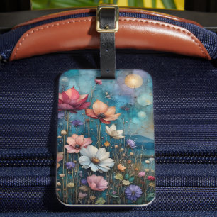Étiquette À Bagage Fleurs sauvages colorées sur le paysage en bordure