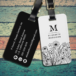 Étiquette À Bagage Fleurs sauvages dessinées à la main Monogramme noi