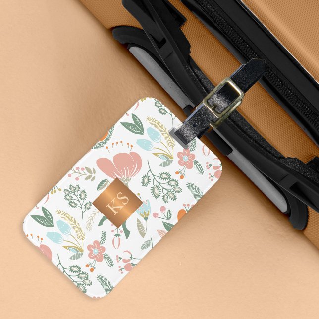 Étiquette À Bagage Fleurs sauvages pastel avec monogramme de cuivre m (Créateur téléchargé)