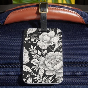 Étiquette À Bagage Fleurs Vintage Noir et Blanc Classique