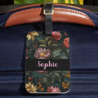 Étiquette À Bagage Fleurs Vintage Sombres Nom Personnalisé Élégant Vo