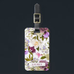 Étiquette À Bagage Fleurs violettes et blanches | Élégant floral<br><div class="desc">Joli motif floral personnalisé avec votre nom à l'avant. Au verso,  vos coordonnées sont indiquées dans un texte violet profond.</div>