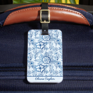 Étiquette À Bagage Floral bleu motif bleu blanc personnalisé