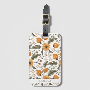Étiquette À Bagage Floral Botanique Motif Blanc Golden Personnalisé N