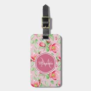 Étiquette À Bagage Floral De Fleur De Pomme Rose Douce Avec Monogramm