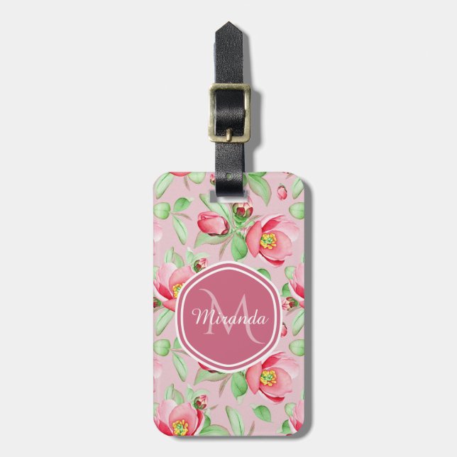 Étiquette À Bagage Floral De Fleur De Pomme Rose Douce Avec Monogramm (Devant Vertical)
