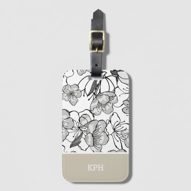 Étiquette À Bagage Floral Noir, Blanc et Tan avec Monogramme (Devant Vertical)