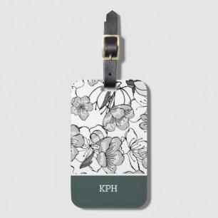 Étiquette À Bagage Floral noir, blanc et vert avec Monogramme