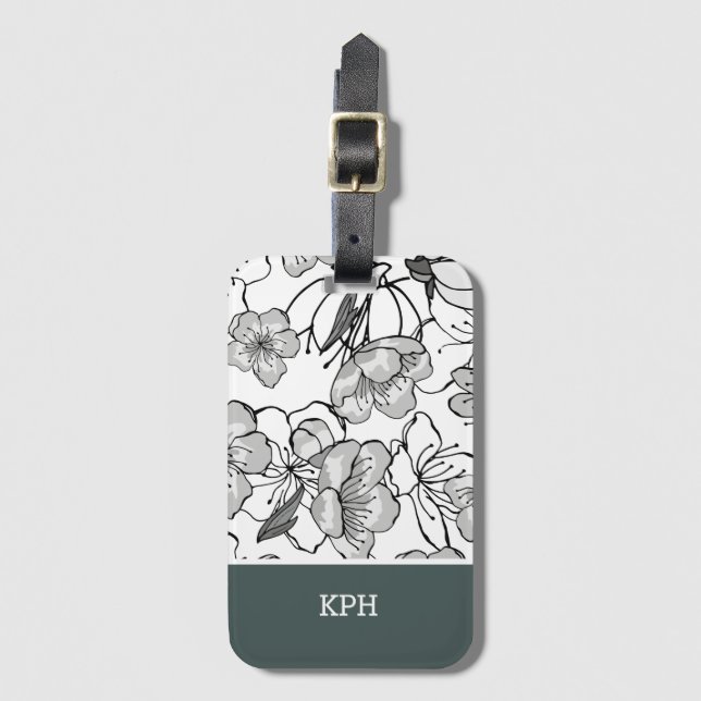 Étiquette À Bagage Floral noir, blanc et vert avec Monogramme (Devant Vertical)