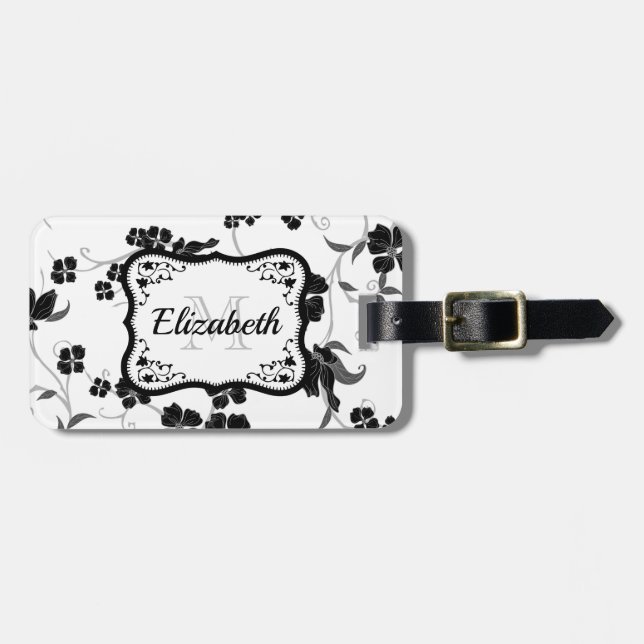 Étiquette À Bagage Floral noir et blanc (Devant horizontal)