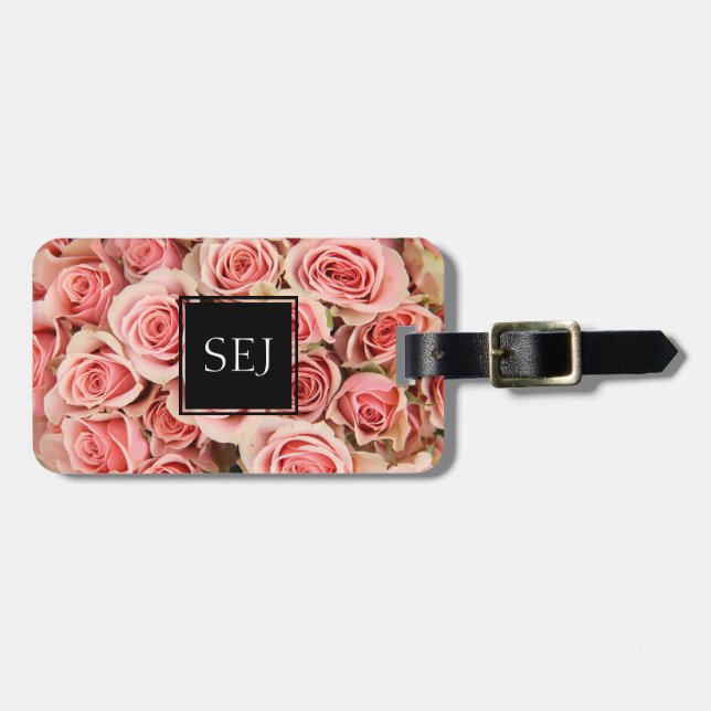 Étiquette À Bagage Floral personnalisé, Roses roses roses (Monogramme (Devant horizontal)