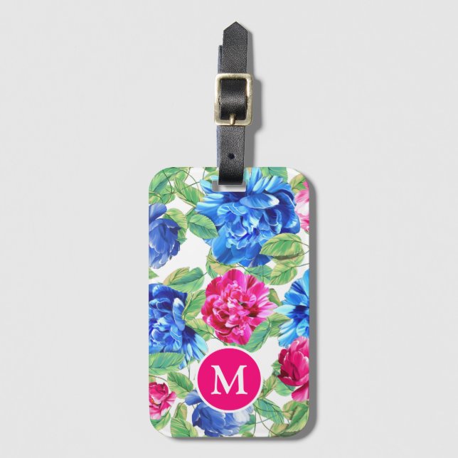Étiquette À Bagage Floral rose clair et bleu joli Monogramme (Devant Vertical)