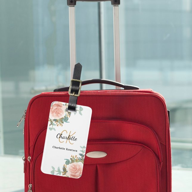 Étiquette À Bagage Floraux d'or rose monogramme élégant (Créateur téléchargé)