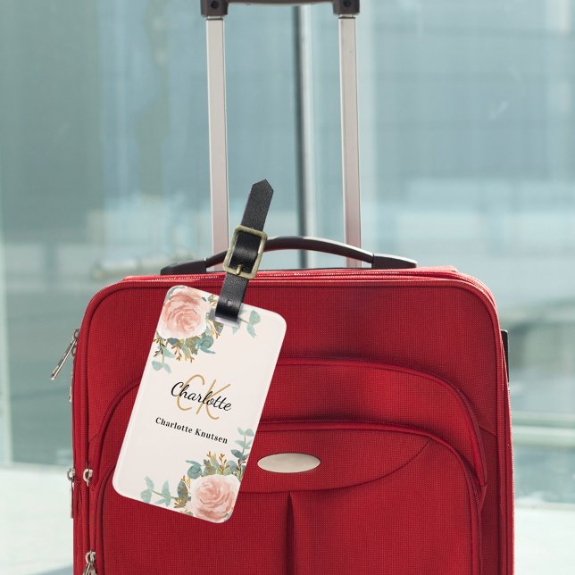 Étiquette À Bagage Flores d'or rose beige monogramme élégant (Créateur téléchargé)