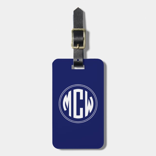 Étiquette À Bagage Fond Monogramme DIY Cercle Blanc Bleu Marine (Devant Vertical)