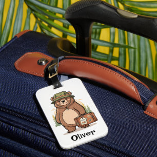 Étiquette À Bagage Forêt mignonne avec un grizzli portant un chapeau