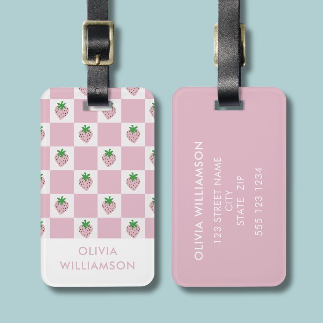 Étiquette À Bagage Fraise d'été damier rose (Pink checkerboard summer strawberry personalised luggage tag)