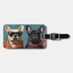 Étiquette À Bagage French Bulldog with Heart Roses Saint-Valentin