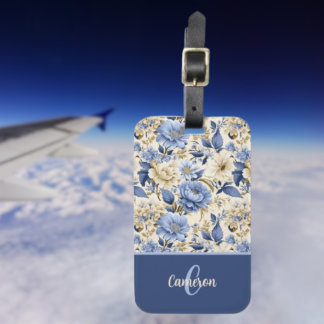 Étiquette À Bagage French Country Blue Floral Peonies Roses Monogram