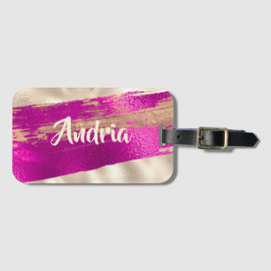 Étiquette À Bagage Fuchsia Platine Faux Métallisé Texte Brosse Nom DI