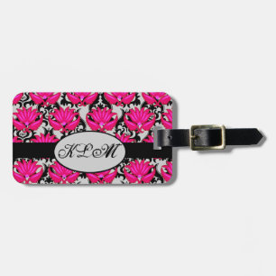 Étiquette À Bagage Fuchsia rose noir gris parisien Damask Monogramme