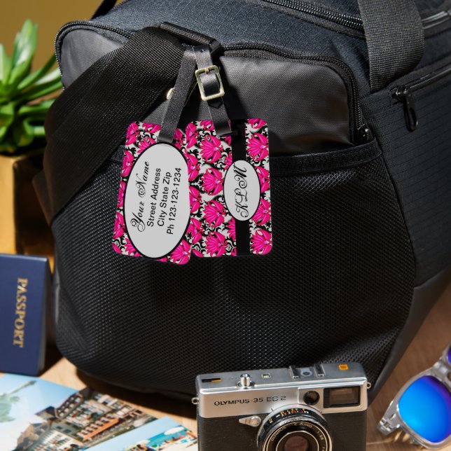 Étiquette À Bagage Fuchsia rose noir gris parisien Damask Monogramme (Recto & Verso)