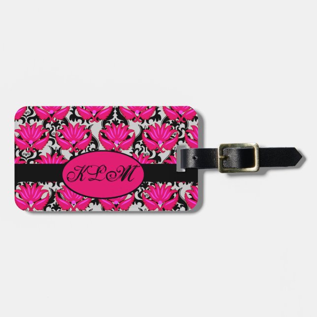 Étiquette À Bagage Fuchsia rose noir gris parisien Damask Monogramme (Devant horizontal)