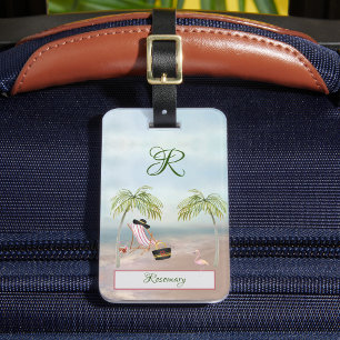 Étiquette À Bagage Fun Beach Scène Glam Palm Tree Monogramme Nom