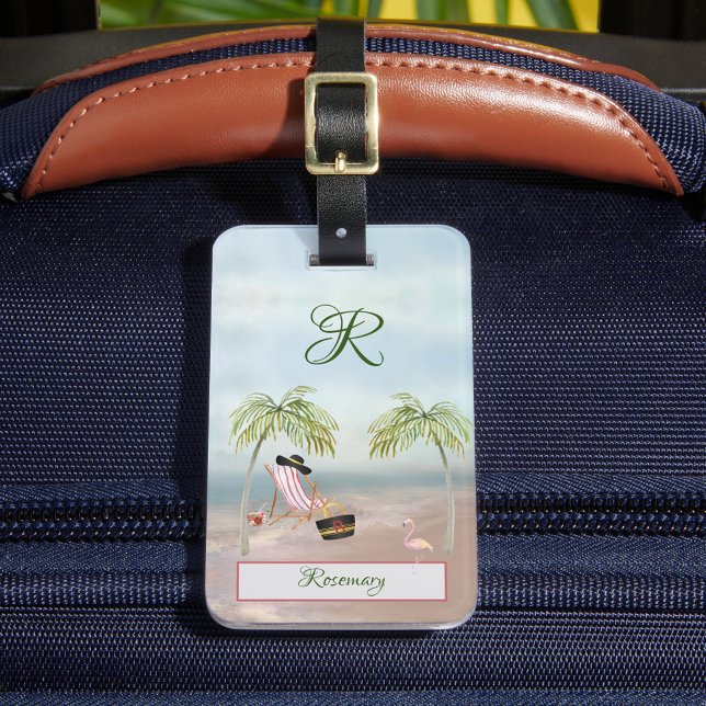 Étiquette À Bagage Fun Beach Scène Glam Palm Tree Monogramme Nom (Créateur téléchargé)