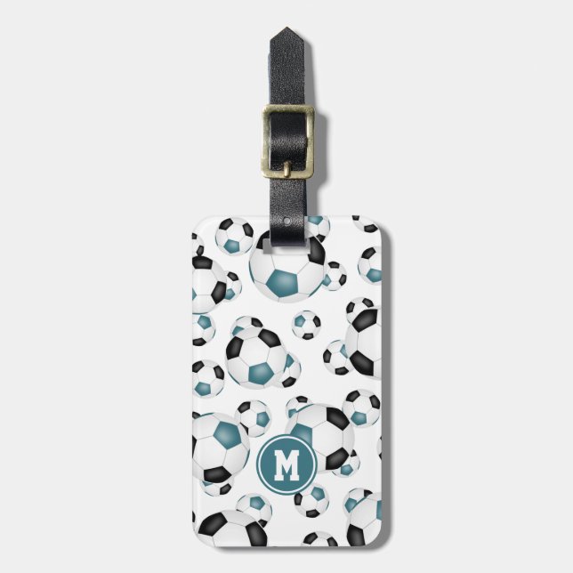 Étiquette À Bagage fun turquoise balle de football noir motif monogra (Devant Vertical)