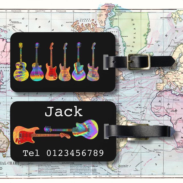 Étiquette À Bagage Funky Psychedelic Guitar Pop Art Music Instrument  (Funky guitar pattern on black personalized travel luggage tag   guitarists music teachers musicians)