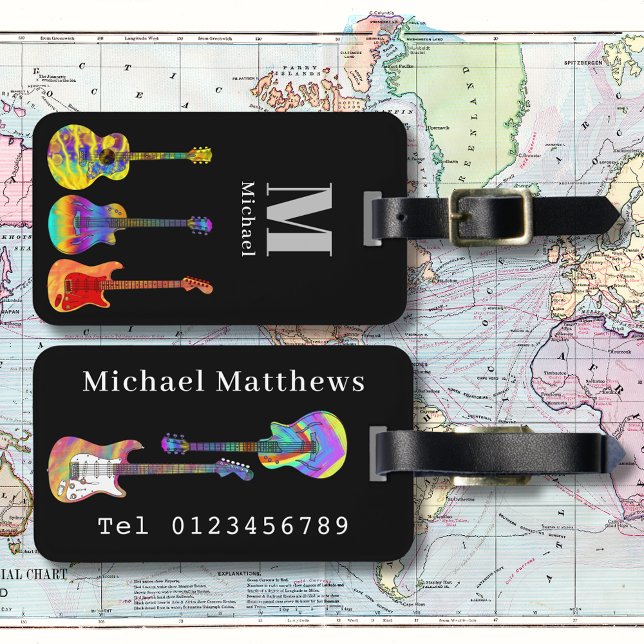 Étiquette À Bagage Funky Psychedelic Guitare Pop Art instrument de mu (Funky guitar pattern on black personalized monogram music themed luggage tag)